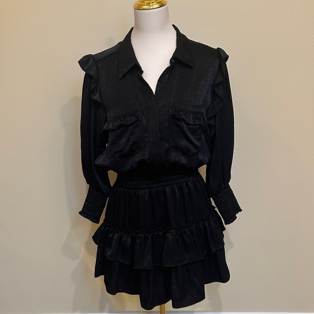 Misa Los Angeles Black Long Sleeve Ruffle Mini Dress • Smocked Waist • Size M